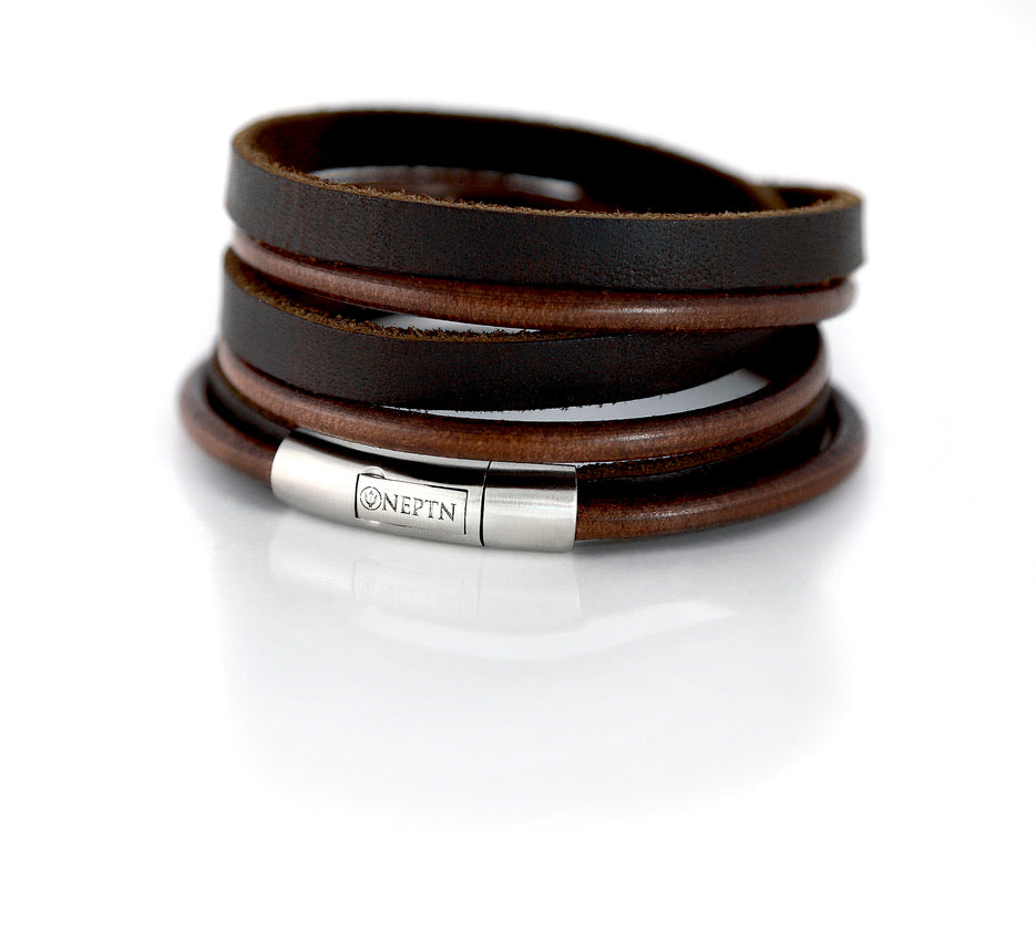 Black Leather bracelet triple wrapped with steel clasp