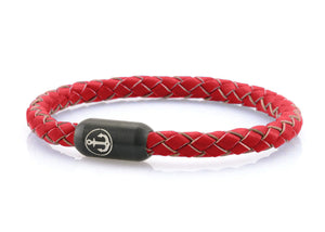Red leather bracelet for men with black stainless steel clasp with anchor engraving - NEPTN