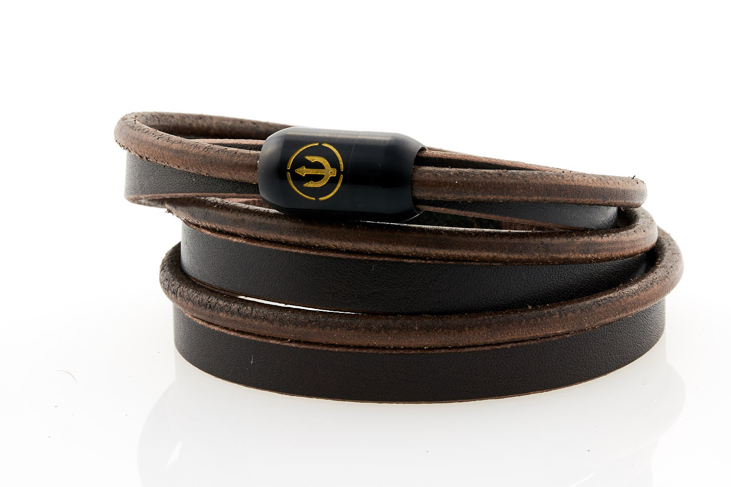 Captn by Neptn - Black Leather bracelet triple wrapped with black magnetic clasp and gold trident engraving