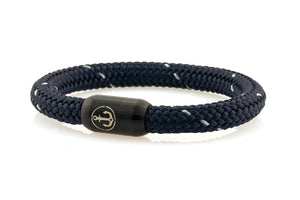 Thick navy blue rope bracelet with white details and black stainless steel clasp with anchor engraving - NEPTN