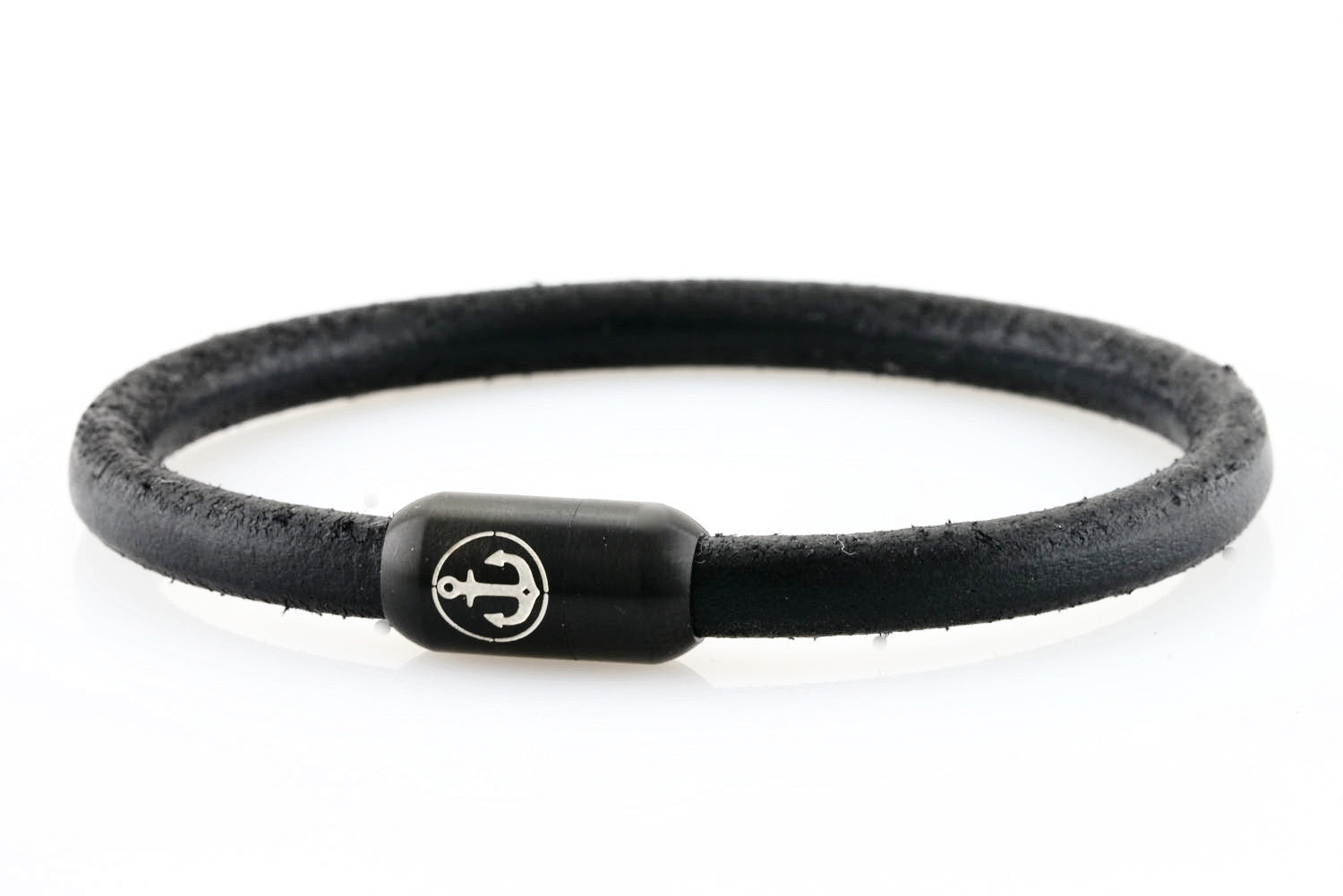 Solid Black leather bracelet for men with black stainless steel clasp with anchor engraving - NEPTN