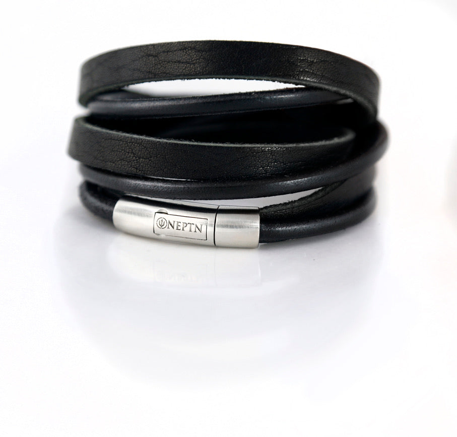 Black Leather bracelet triple wrapped with steel clasp