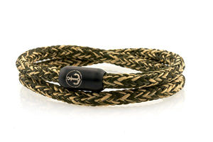 Double beige and dark green rope bracelet for men with black stainless steel clasp with anchor engraving | NEPTN
