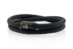 Double black and navy rope bracelet for men with black stainless steel clasp with anchor engraving