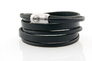 Black Leather bracelet triple wrapped with magnetic clasp and Anchor engraving