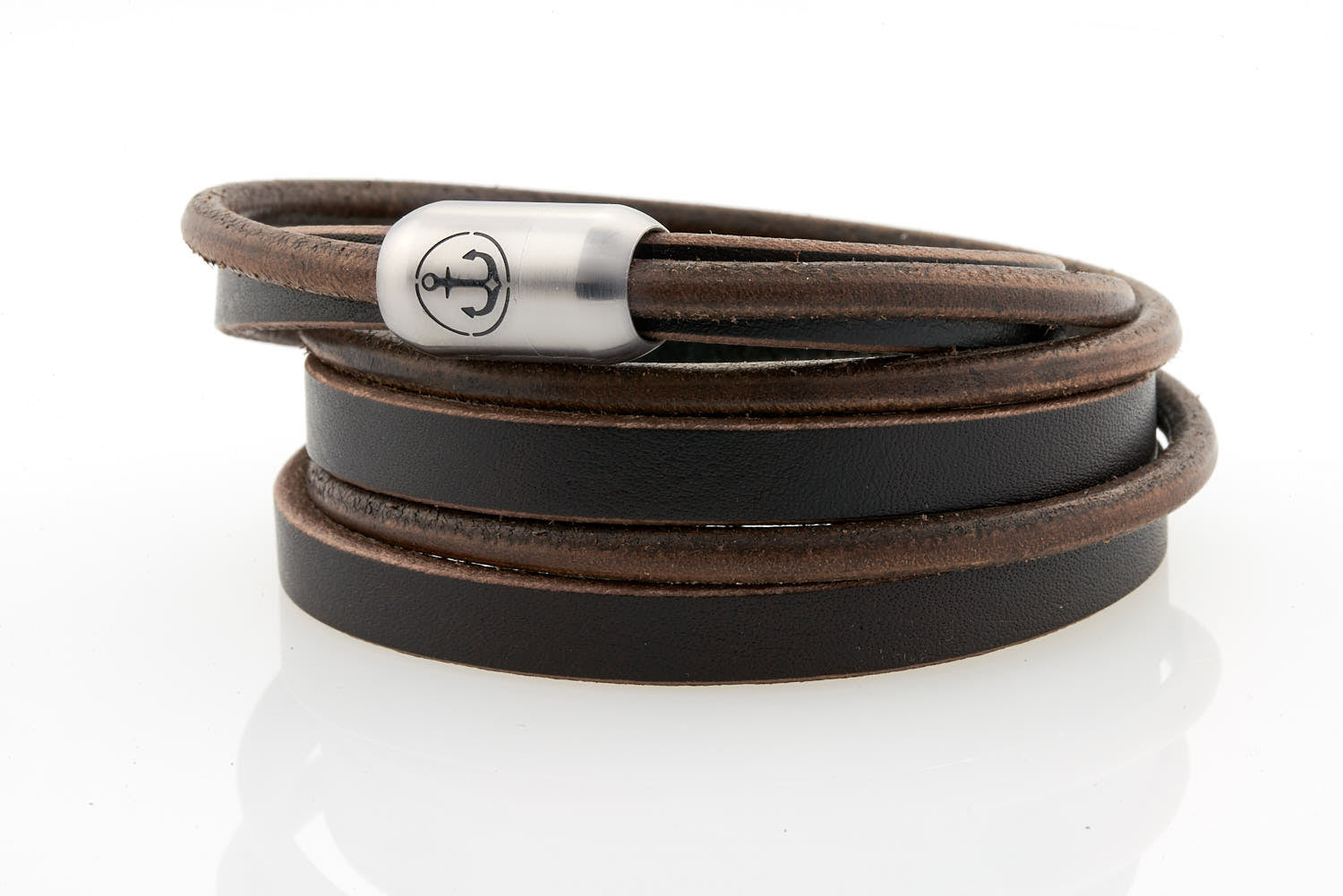 Black Leather bracelet triple wrapped with magnetic clasp and Anchor engraving