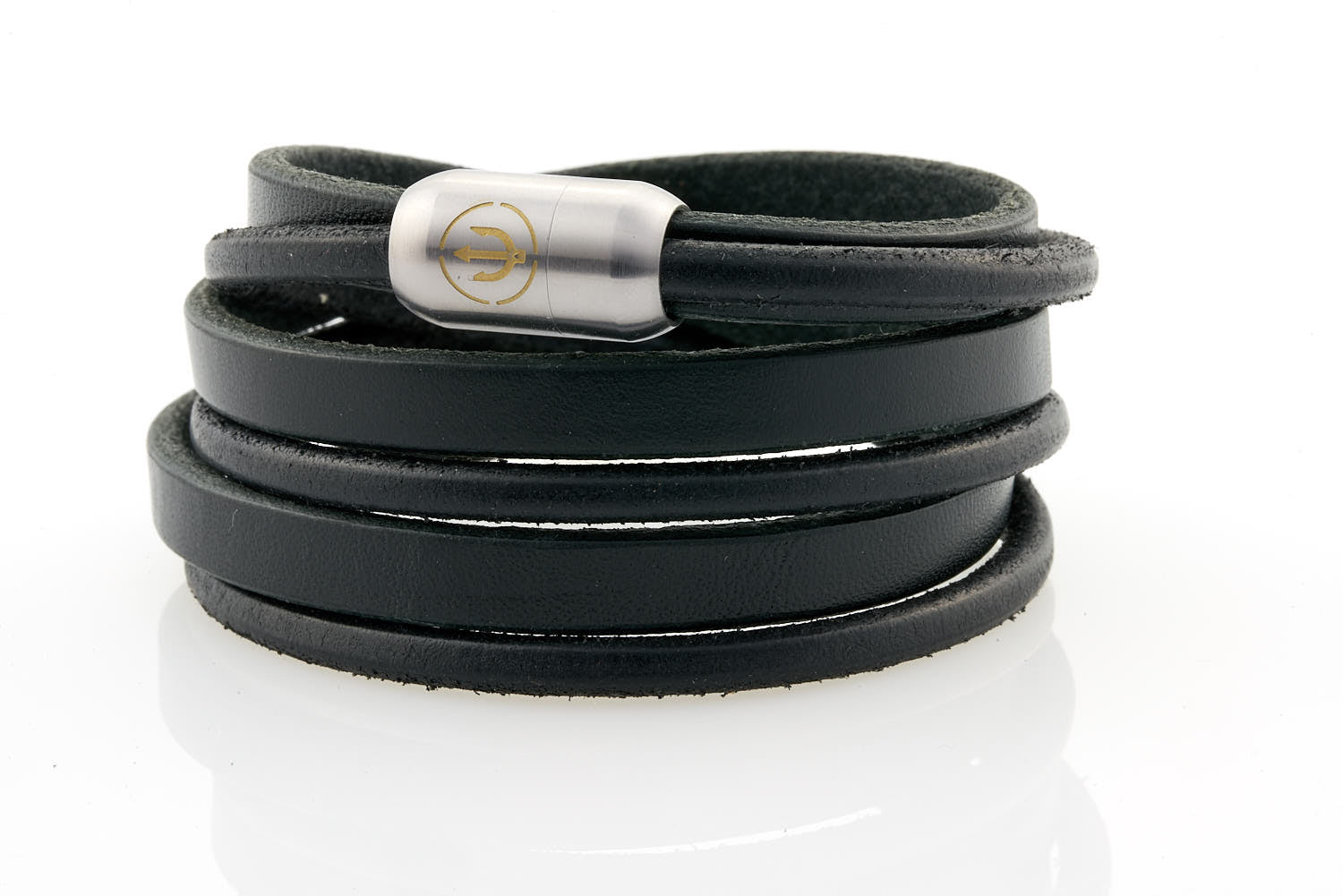 Captn by Neptn - Black Leather bracelet triple wrapped with steel magnetic clasp and gold trident engraving