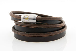 Captn by Neptn - Brown Leather bracelet triple wrapped with steel magnetic clasp and gold trident engraving