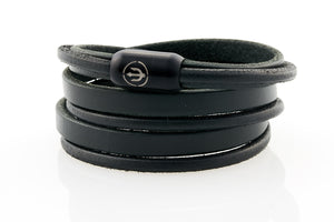 Black Leather bracelet triple wrapped with magnetic clasp and trident engraving