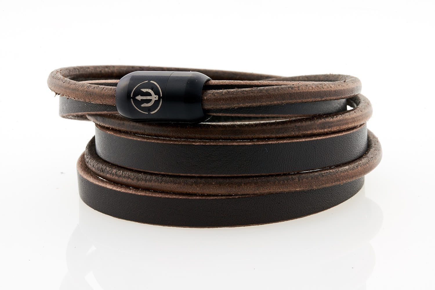 Black Leather bracelet triple wrapped with magnetic clasp and trident engraving