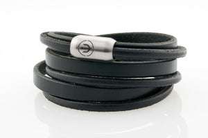 Captn by Neptn - Black Leather bracelet triple wrapped with steel magnetic clasp and trident engraving