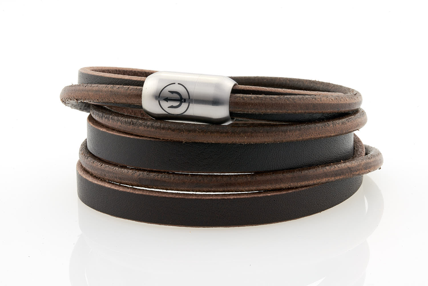 Captn by Neptn - Black Leather bracelet triple wrapped with steel magnetic clasp and trident engraving