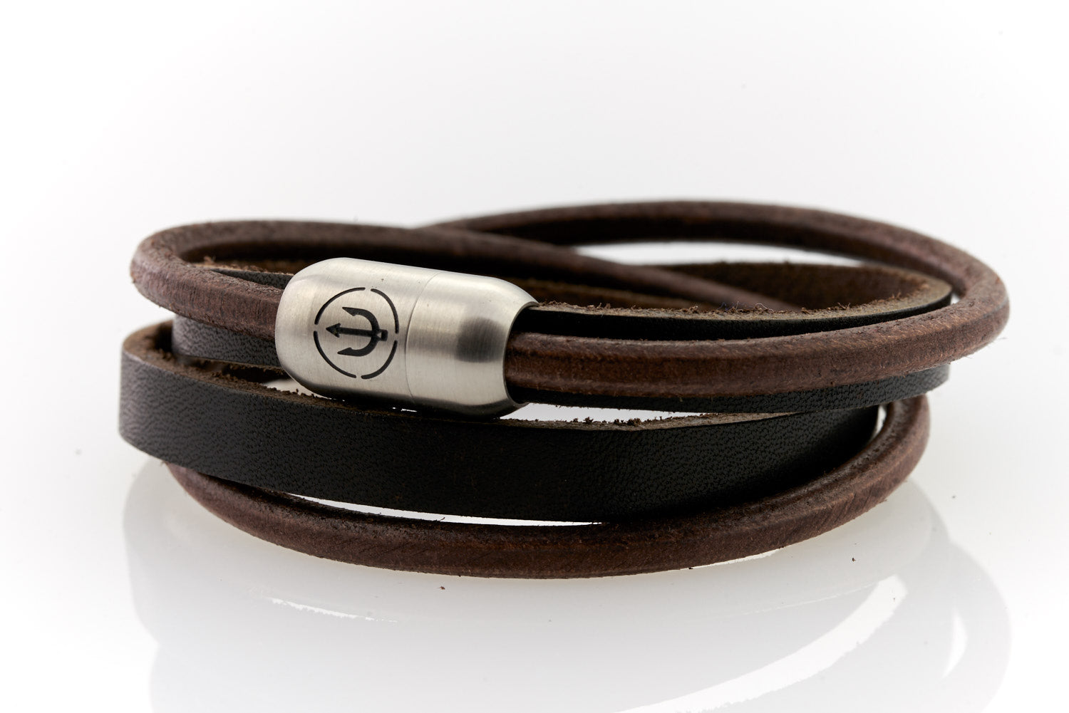 Dark Brown Leather Bracelet With Steel For Men