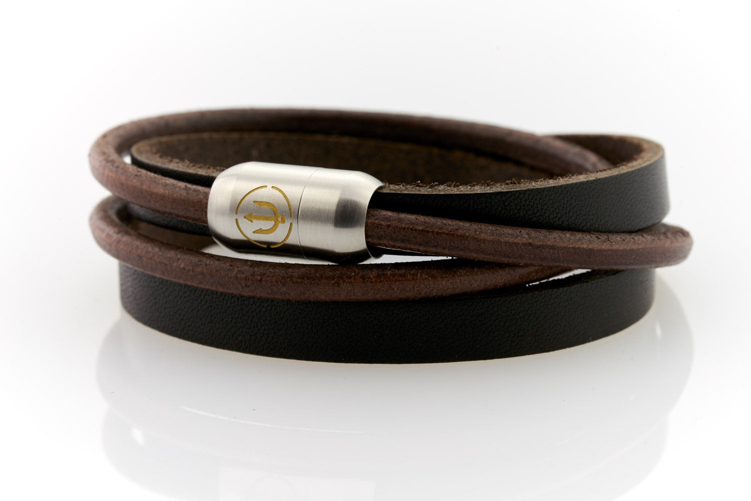 Black Leather bracelet double wrapped with steel magnetic clasp and gold trident engraving