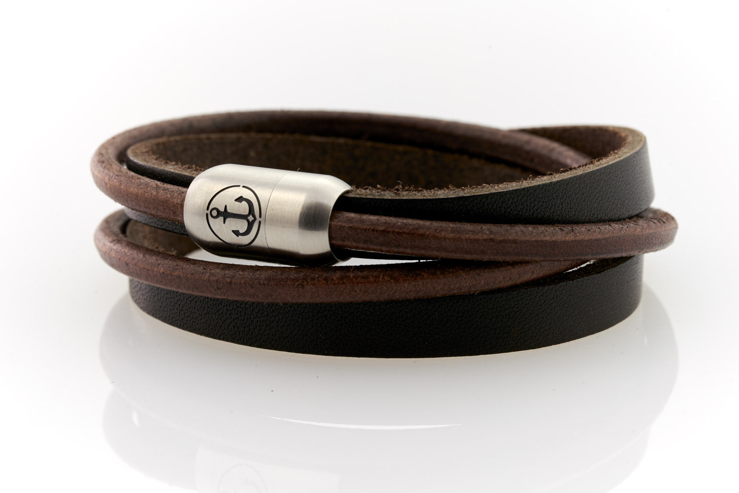 Black Leather bracelet double wrapped with magnetic clasp and Anchor engraving