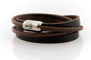 Brown Leather bracelet double wrapped with magnetic clasp and Anchor engraving