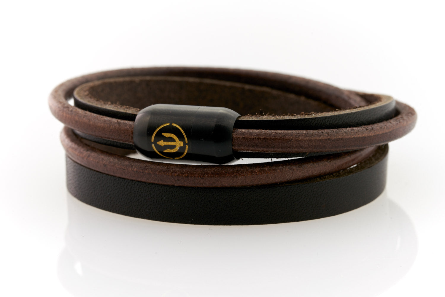 Black Leather bracelet double wrapped with black magnetic clasp and gold trident engraving