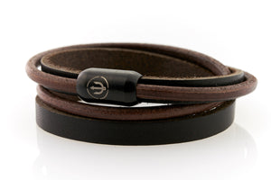 Brown Leather bracelet double wrapped with magnetic clasp and trident engraving