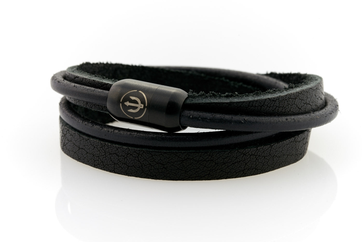 Black Leather bracelet double wrapped with magnetic clasp and trident engraving
