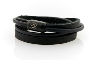 Black Leather bracelet double wrapped with magnetic clasp and trident engraving
