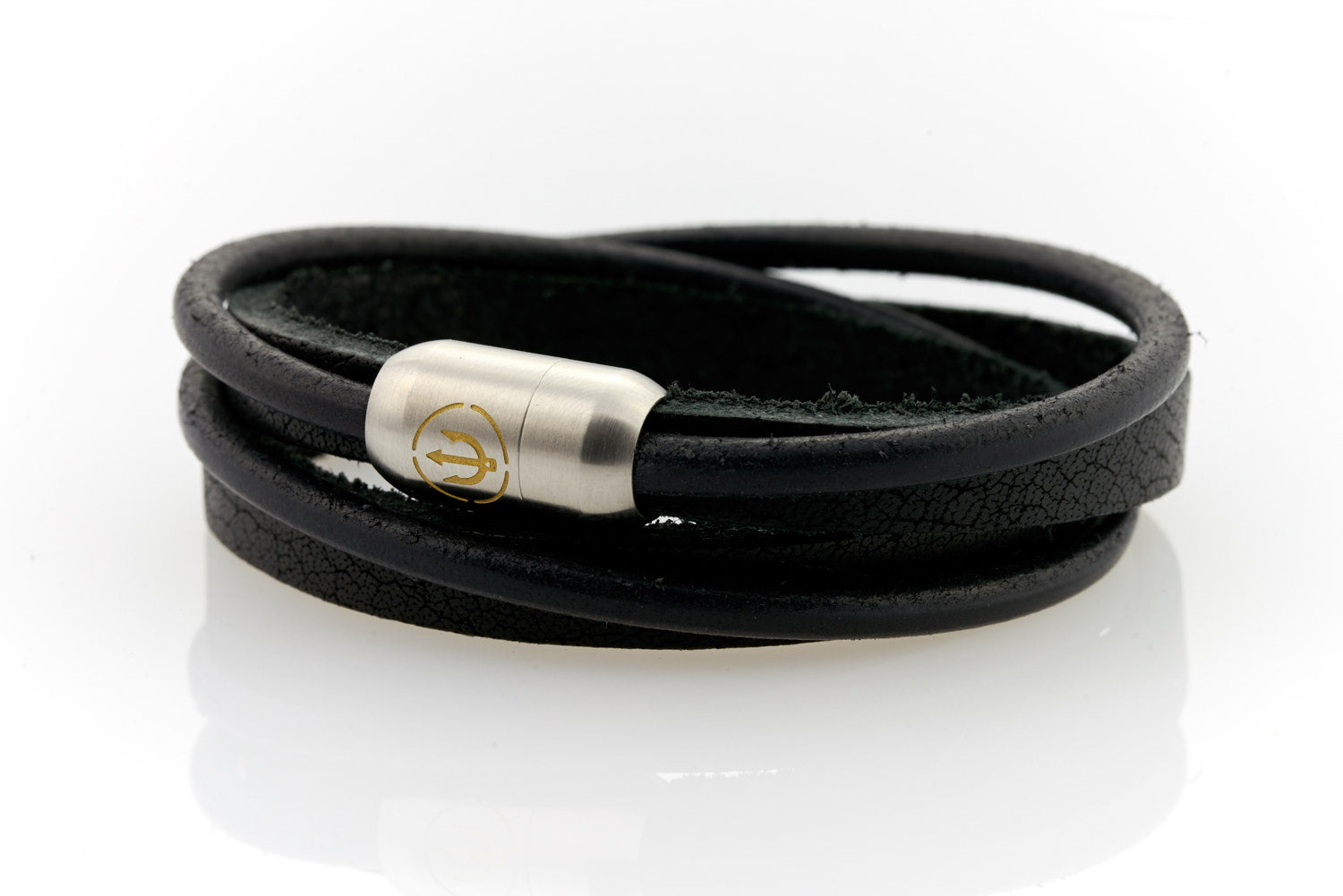 Black Leather bracelet double wrapped with steel magnetic clasp and gold trident engraving