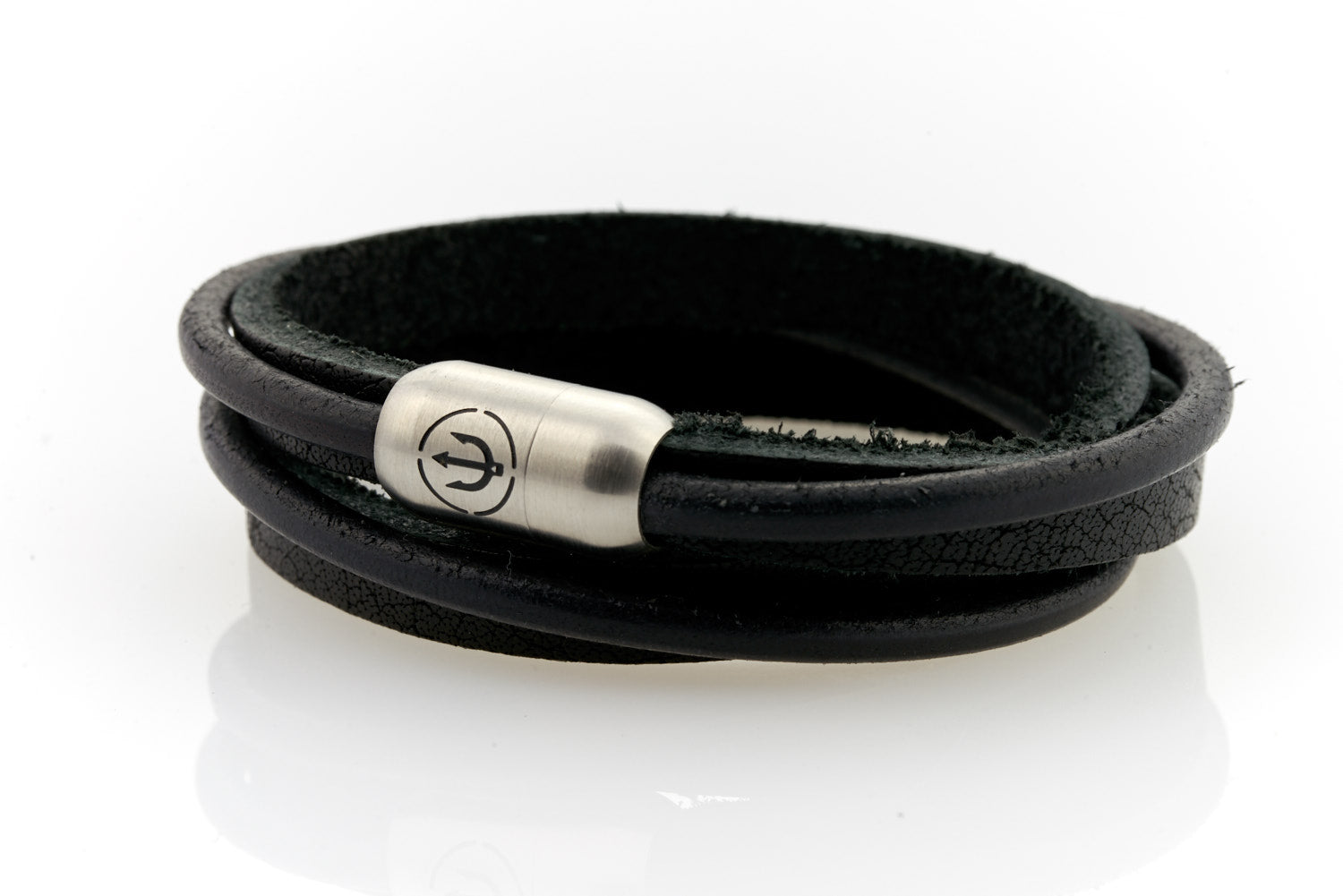 Captn by Neptn - Black Leather bracelet double wrapped with steel magnetic clasp and trident engraving