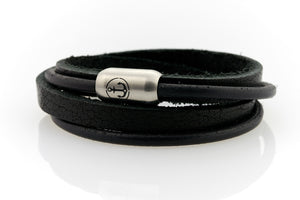 Black Leather bracelet double wrapped with magnetic clasp and Anchor engraving