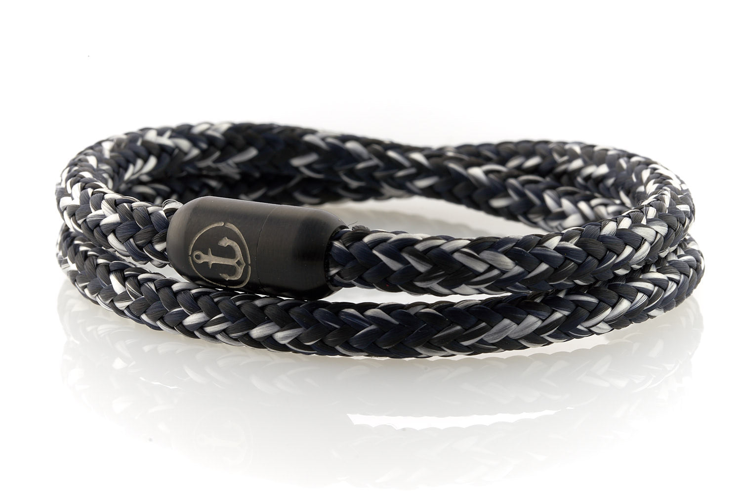 Double beige and navy rope bracelet for men with black stainless steel clasp with anchor engraving