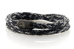 Double black and white rope bracelet for men with black stainless steel clasp with anchor engraving