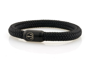 Thick black rope bracelet for men with black stainless steel clasp with anchor engraving - NEPTN
