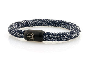 Thick navy blue and white rope bracelet for men with black stainless steel clasp with anchor engraving - NEPTN