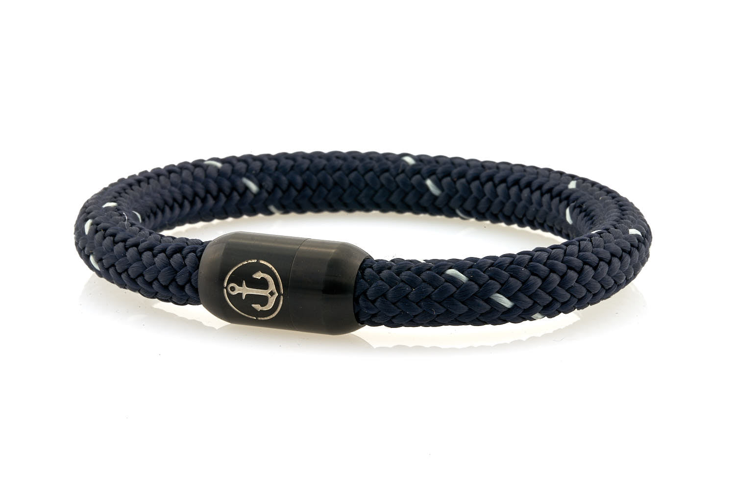 Thick beige and dark navy rope bracelet for men with black stainless steel clasp with anchor engraving - NEPTN