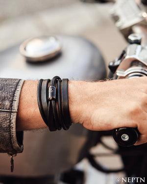 neptn captn triple bracelet with black anchor magnetic clasp and triple wrapped black leather