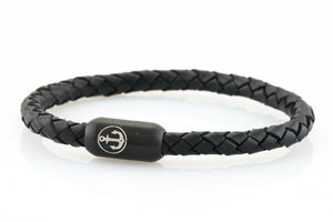 Braided black leather bracelet for men with black stainless steel clasp with anchor engraving - NEPTN