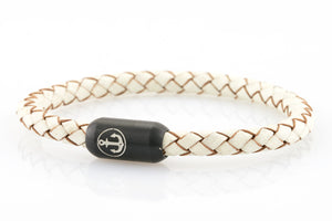 Braided white leather bracelet for men with black stainless steel clasp with anchor engraving - NEPTN