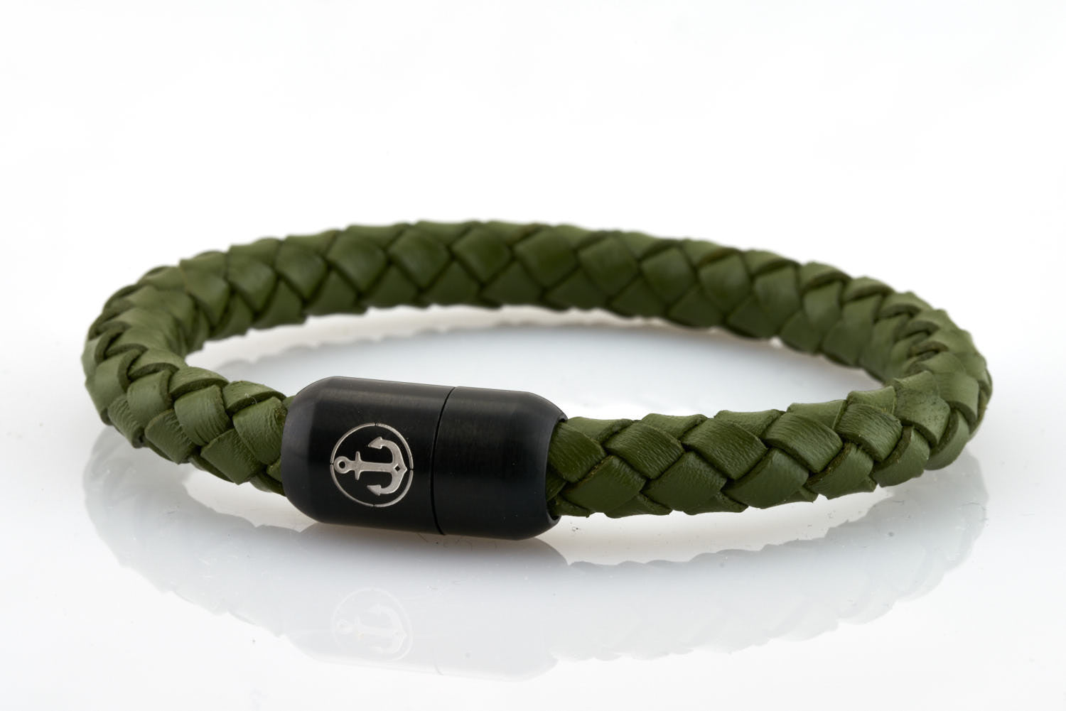 Thick olive green leather bracelet for men with black stainless steel clasp with anchor engraving - NEPTN