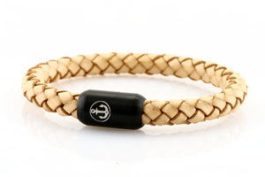 Thick beige leather bracelet for men with black stainless steel clasp with anchor engraving - NEPTN